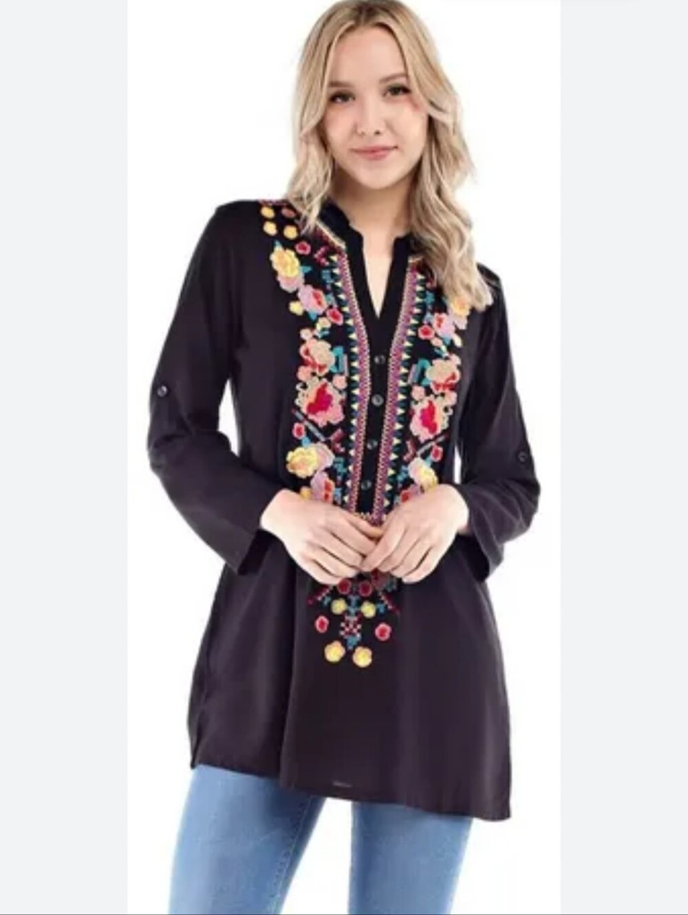 Solitaire Black Embroidered V-Neck Tunic Multicolor Floral Western Boho Large